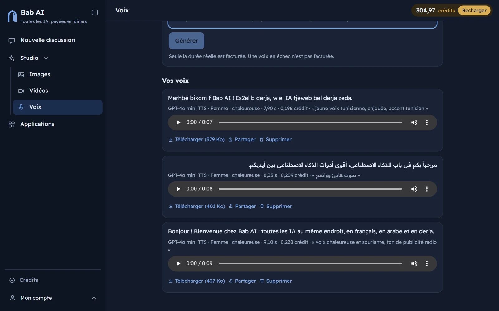 Bab AI Studio : trois voix off créées en derja, en arabe et en français